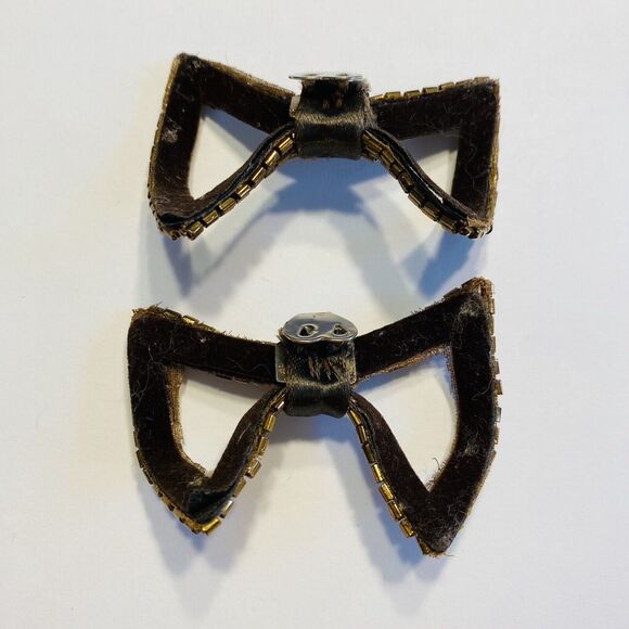 Vintage Shoe Clips Pair Coppery Glass Seed Beads Mid Century Art Deco Fashion - Picture 2 of 6